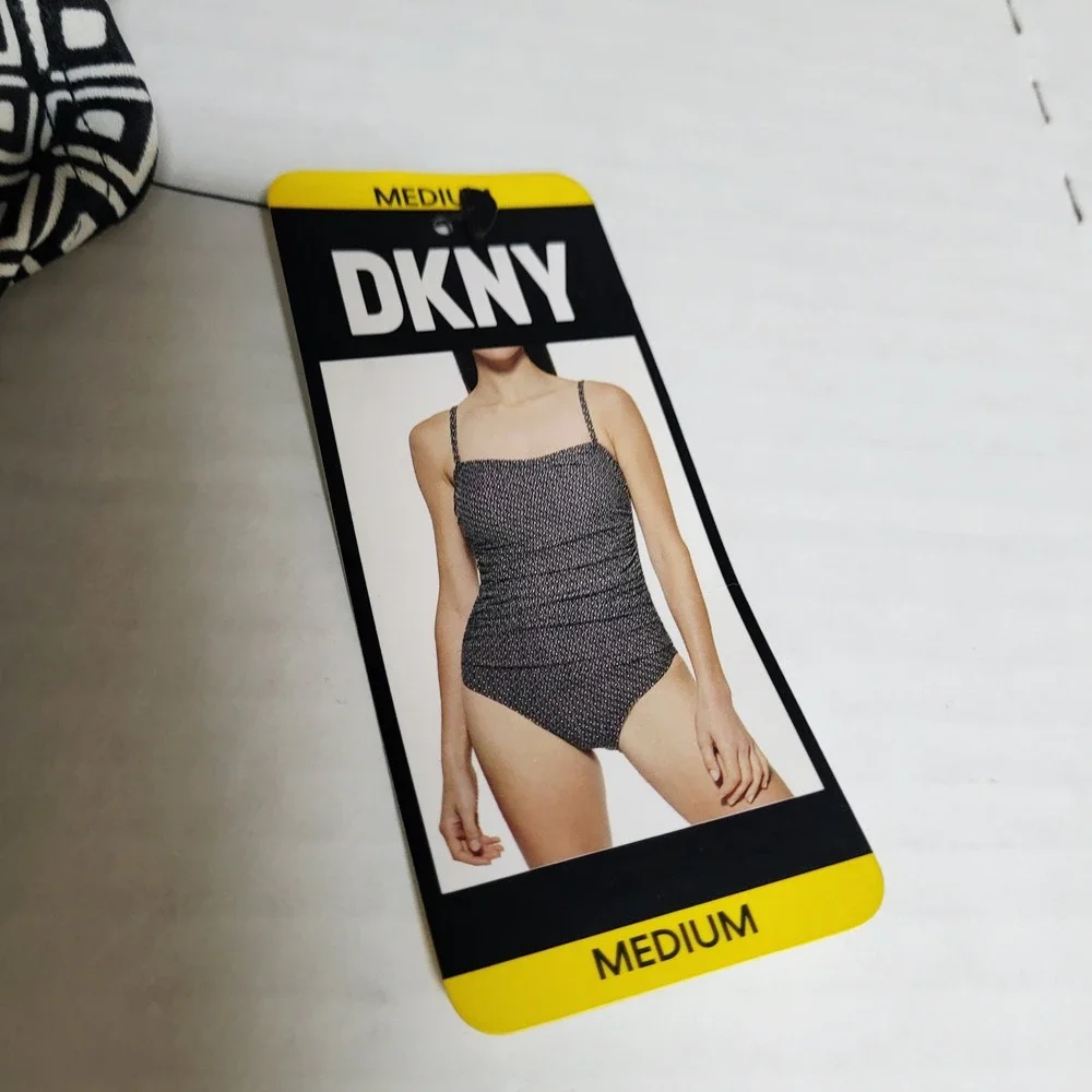 DKNY Womens Medium Geometric Diamond Print One Piece Swimsuit Black White NEW - Picture 3 of 7